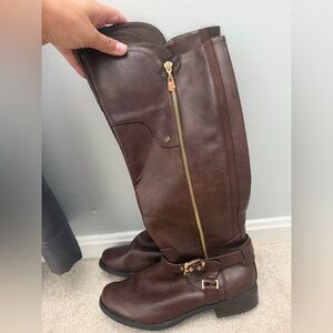 G by Guess Harson Brown Leather Boots with Gold Buckle
